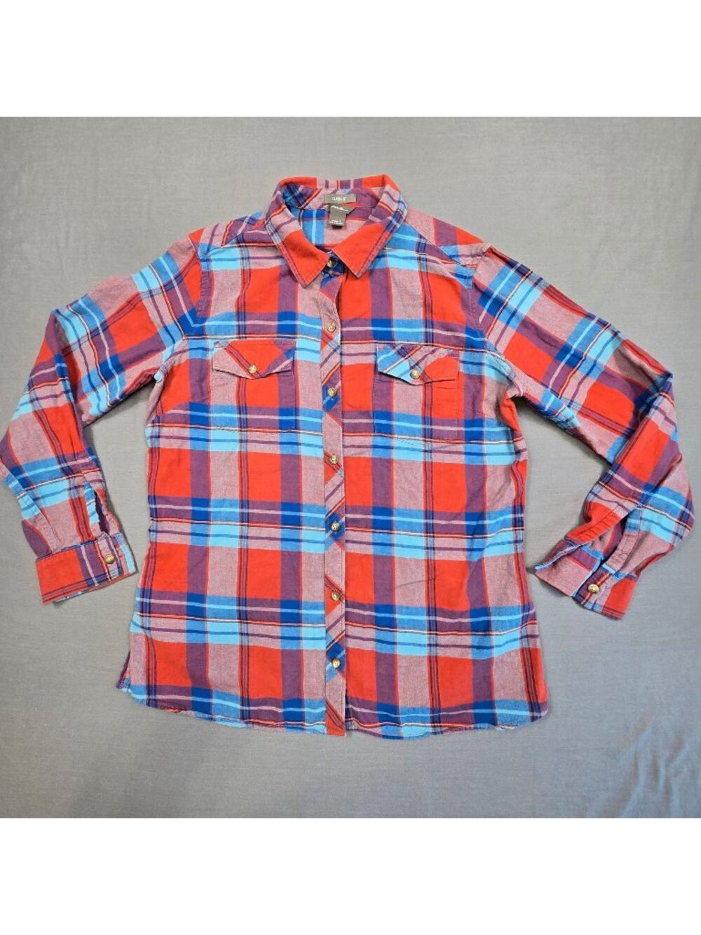 Eddie Bauer Womens L Classic Fit Plaid 100% Cotton Shirt Red/Blue Long Sleeve